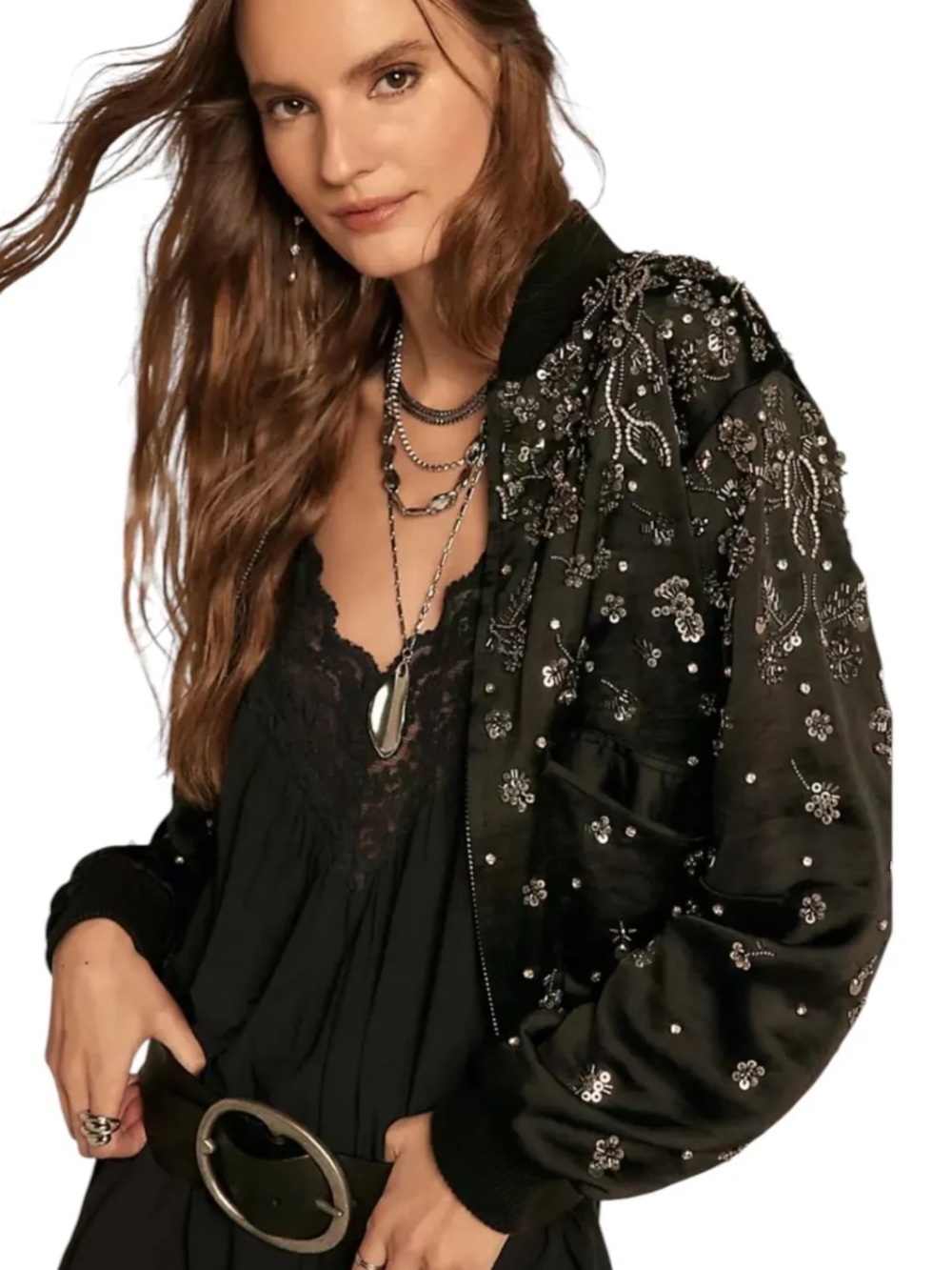 Free People Stassi Embellished Bomber Black Beaded Sequins Size XS